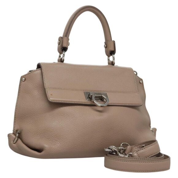 Salvatore Ferragamo Gancini Sofia Hand Bag Leather 2way Beige Silver Auth EC287